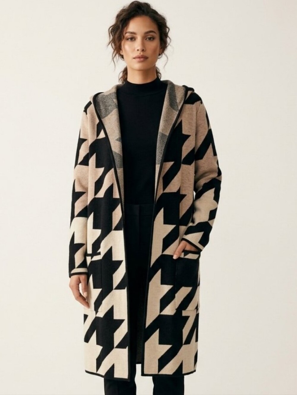 Bellini Hooded Open-Front Houndstooth Cardigan in Beige, Black & Cream Ombre New
